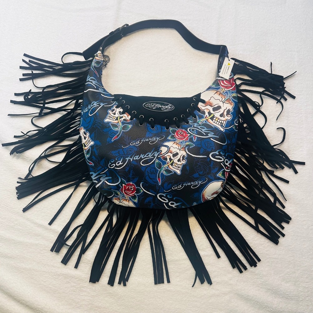 Ed Hardy Womens Fringe Hobo Bag Skull Rose Tattoo Print Blue Black Y2K New